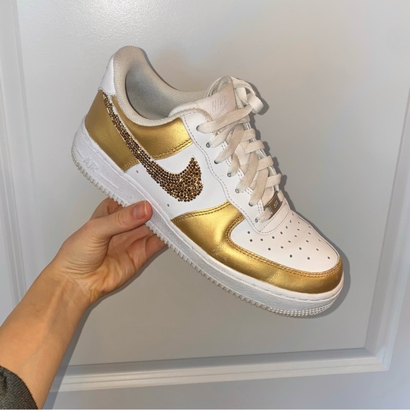 Nike Shoes - Custom rhinestone Gold Nike air force ones sparkle size 8 AF1s swoop diamonds